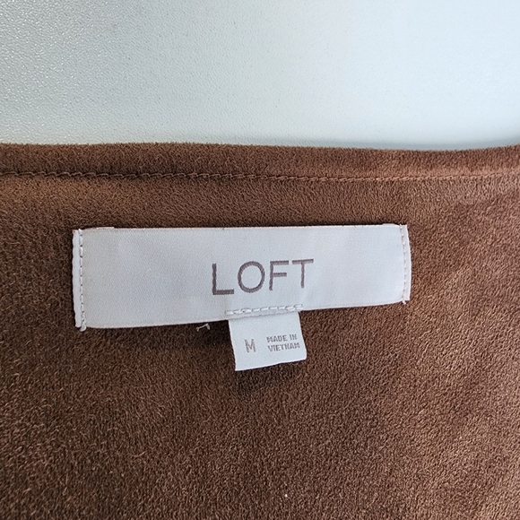 Loft Faux Suede Button Down Deep-Neck Pocket Brown Soft Vest Dress Women's Sz M - Picture 9 of 14